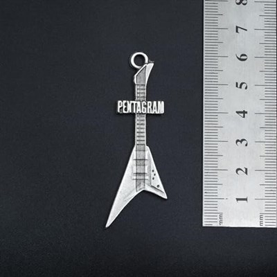 Pentagram Elektro Gitar Deri ip Kolye - Gümüş Kaplama - Kadın Erkek Kolye - No:1037