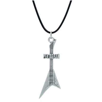 Pentagram Elektro Gitar Deri ip Kolye - Gümüş Kaplama - Kadın Erkek Kolye - No:1037