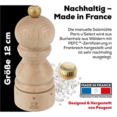 Peugeot Paris Tuz Değirmeni U-Select | Doğal 18 İla 40 Cm | Dekomiro Hediye Seti İle 100 Gr. Luisenhaller Derin-Tuz, Doğal, 5.5X5.5X12 Cm