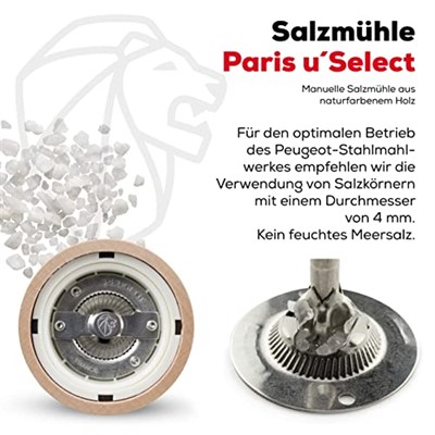 Peugeot Paris Tuz Değirmeni U-Select | Doğal 18 İla 40 Cm | Dekomiro Hediye Seti İle 100 Gr. Luisenhaller Derin-Tuz, Doğal, 5.5X5.5X12 Cm