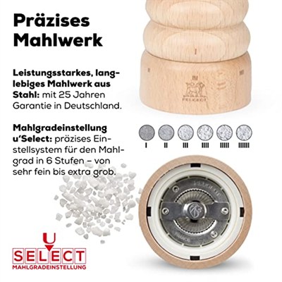 Peugeot Paris Tuz Değirmeni U-Select | Doğal 18 İla 40 Cm | Dekomiro Hediye Seti İle 100 Gr. Luisenhaller Derin-Tuz, Doğal, 5.5X5.5X12 Cm