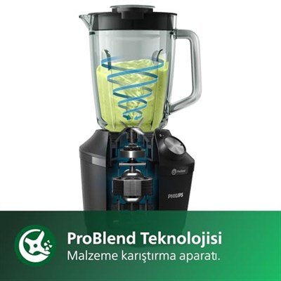 Philips 3000 Serisi ProBlend Crush Teknolojili Blender - 600 W Güç, 2 L Cam Sürahi, 2 Hız + Pulse, Titreşim Önleyici Taban, Siyah (HR2291/41)