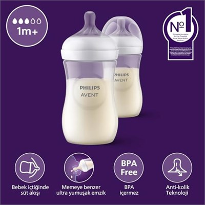 Philips Avent Doğal Tepkili Biberon 2’li Set, 260 ml, 3-6m, Akıtmaz Emzik, Kolik ve Gaz Önleyici, BPA İçermez, SCY903/02