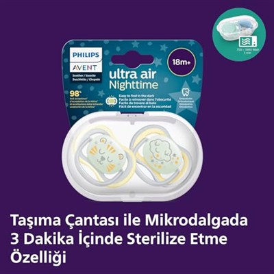 Philips Avent Ultra Air Gece Emzik, 18 Ay+, 2’li Paket, Karanlıkta Parlayan, Ortodontik Silikon, Geniş Hava Delikli, Mikrodalga Sterilize Edilebilir, BPA İçermez, SCF376/01