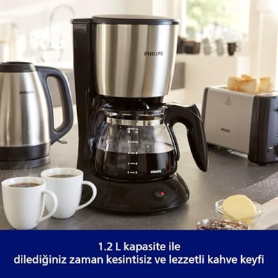 Philips Filtre Kahve Makinesi, 1,2 Lt Kapasite, Otomatik Kapanma, Cam Demlikli, Siyah ve Metal, HD7462/20