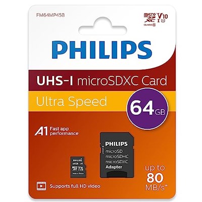 Philips FM64MP45B/10 sınıf 10 Micro SDXC 64 GB hafıza kartı adaptörü