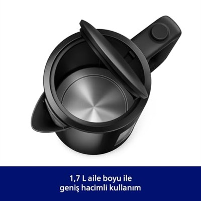 Philips Serisi 3000 Su Isıtıcısı, 1,7 L Yaylı Kapak, Düz Isıtma Elemanı, Işık Göstergesi, Çıkarılabilir Filtre, Çeşitli Güvenlik Sistemleri, Siyah (HD9318/20)