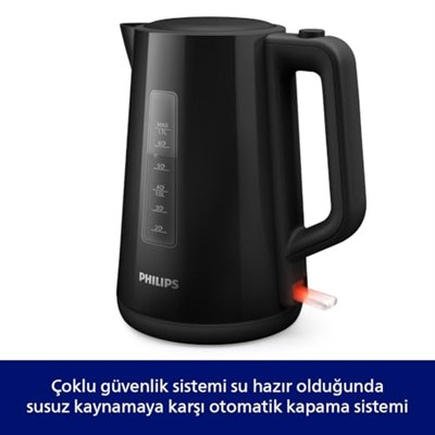 Philips Serisi 3000 Su Isıtıcısı, 1,7 L Yaylı Kapak, Düz Isıtma Elemanı, Işık Göstergesi, Çıkarılabilir Filtre, Çeşitli Güvenlik Sistemleri, Siyah (HD9318/20)