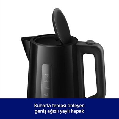 Philips Serisi 3000 Su Isıtıcısı, 1,7 L Yaylı Kapak, Düz Isıtma Elemanı, Işık Göstergesi, Çıkarılabilir Filtre, Çeşitli Güvenlik Sistemleri, Siyah (HD9318/20)