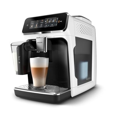Philips Serisi 3300 Tam Otomatik Espresso Makinesi LatteGo Süt Sistemi ile, 6 Kahve Çeşidi, SilentBrew Teknolojisi, AquaClean Filtre – Beyaz & Parlak Siyah (EP3343/50)