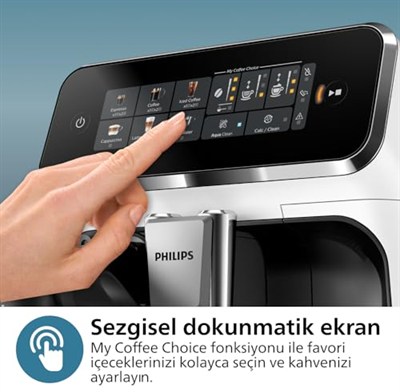 Philips Serisi 3300 Tam Otomatik Espresso Makinesi LatteGo Süt Sistemi ile, 6 Kahve Çeşidi, SilentBrew Teknolojisi, AquaClean Filtre – Beyaz & Parlak Siyah (EP3343/50)