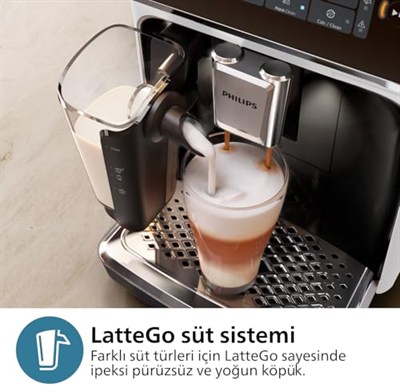 Philips Serisi 3300 Tam Otomatik Espresso Makinesi LatteGo Süt Sistemi ile, 6 Kahve Çeşidi, SilentBrew Teknolojisi, AquaClean Filtre – Beyaz & Parlak Siyah (EP3343/50)