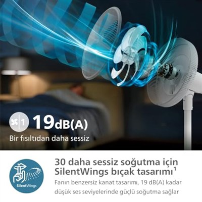 PHILIPS SilentWings teknolojisi ile güçlü ve süper sessiz ayaklı vantilatör. 19 dB. 2si 1 arada masa ve ayaklı vantilatör. Eğim ve salınım ayarlanabilir. 12 saatlik zamanlayıcı. Beyaz. (CX2550/00)