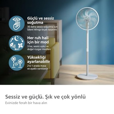PHILIPS SilentWings teknolojisi ile güçlü ve süper sessiz ayaklı vantilatör. 19 dB. 2si 1 arada masa ve ayaklı vantilatör. Eğim ve salınım ayarlanabilir. 12 saatlik zamanlayıcı. Beyaz. (CX2550/00)
