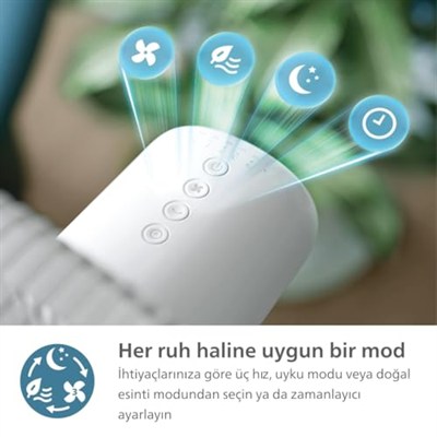 PHILIPS SilentWings teknolojisi ile güçlü ve süper sessiz ayaklı vantilatör. 19 dB. 2si 1 arada masa ve ayaklı vantilatör. Eğim ve salınım ayarlanabilir. 12 saatlik zamanlayıcı. Beyaz. (CX2550/00)