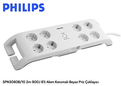 Philips SPN3080B/10, Çoklayıcı, 900J 8li Akım Korumalı 2m, Beyaz