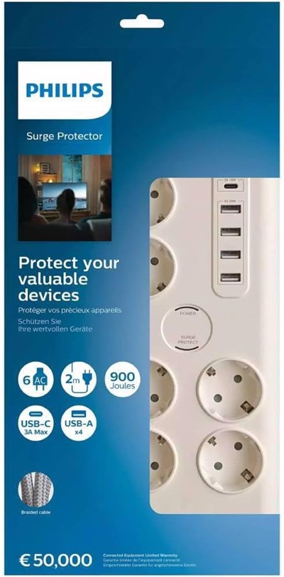 Philips SPN7060WA Akım Korumalı Priz 6lı 900J 2m 4 USB 20W 1 Type-C 15W, Standart