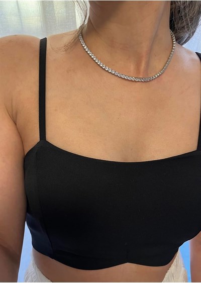 Pigna Aksesuar Swarovski Taşlı Özel Tarz Kare Su Yolu Kolye Kararmaz Çelik Silver Tek Ebat