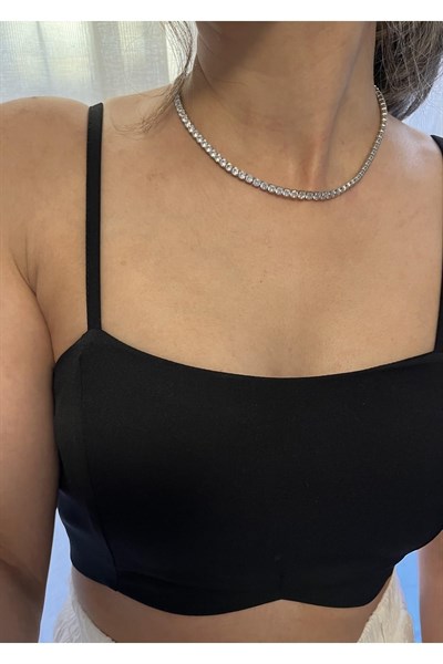 Pigna Aksesuar Swarovski Taşlı Özel Tarz Kare Su Yolu Kolye Kararmaz Çelik Silver Tek Ebat