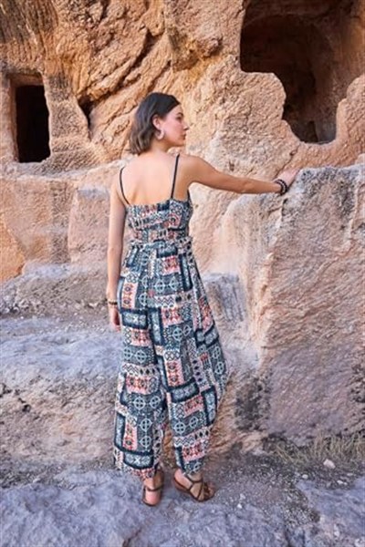 Pijama Pazarı Monamise 23065 Kadın Etnik Desen Ip Askılı Tulum-lacivert LACİVERT M