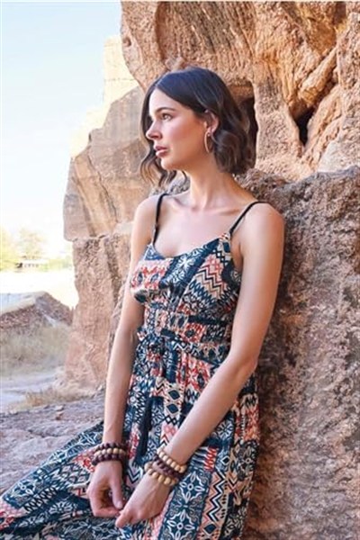 Pijama Pazarı Monamise 23065 Kadın Etnik Desen Ip Askılı Tulum-lacivert LACİVERT M