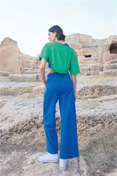 Pijama Pazarı Monamise 23090 Kadın Kısa Kollu 3lü Crop Eşofman Takım-mavi MAVİ S
