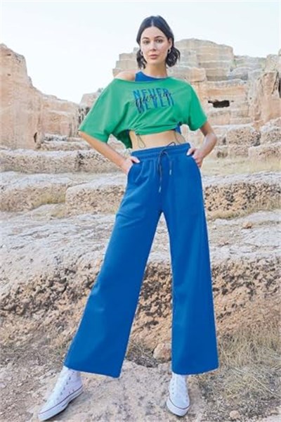 Pijama Pazarı Monamise 23090 Kadın Kısa Kollu 3lü Crop Eşofman Takım-mavi MAVİ S