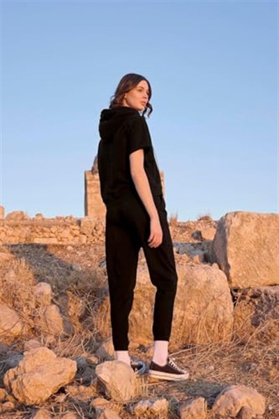 Pijama Pazarı Monamise 23096 Kadın Kısa Kollu Kapişonlu Eşofman Takımı-Siyah SİYAH L