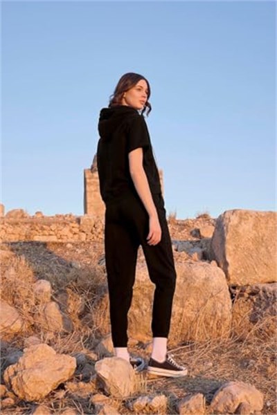 Pijama Pazarı Monamise 23096 Kadın Kısa Kollu Kapişonlu Eşofman Takımı-Siyah SİYAH M