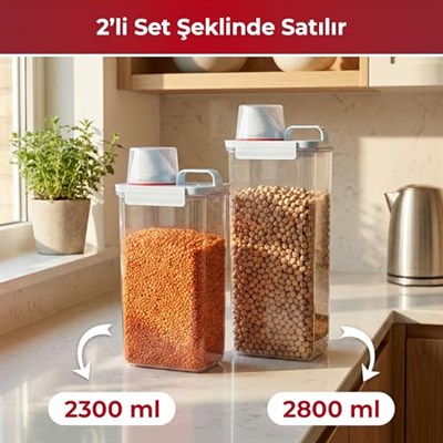 Pikas 2li Büyük Boy Saklama Kabı – Ölçekli Kapak, Sızdırmaz Erzak Bakliyat ve Deterjan İçin Çok Amaçlı Set