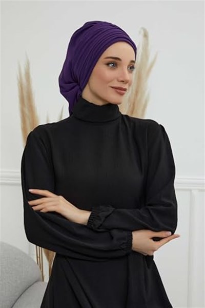 Pileli Tasarım Şifon Hazır Türban,HT-107,HT-107 Mor