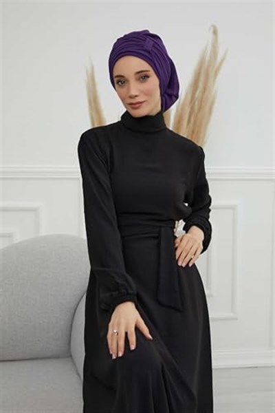 Pileli Tasarım Şifon Hazır Türban,HT-107,HT-107 Mor