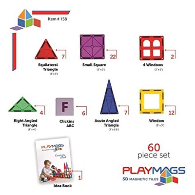Playmags Manyetik çocuk yapı taşları, 60 parçalı manyetik yapı blokları, 6 ABC tıklamalı – STEM geliştirme oyuncağı – Çocuklar için manyetik yapı taşları