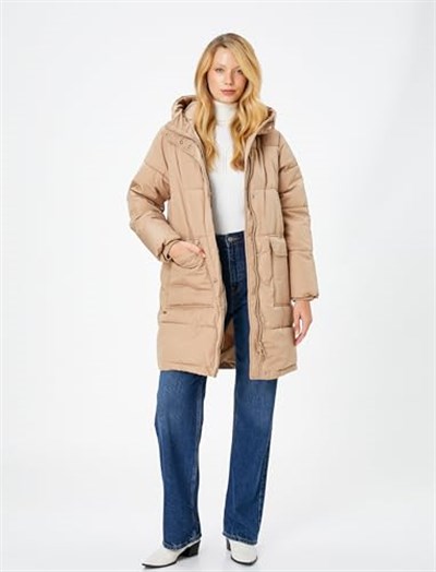 Pocket and Zipper Detail Hooded Long Puffer Coat