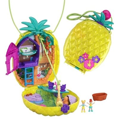 Polly Pocket Tropikal Eğlence giyilebilir kompakt ananas çanta, 8 eğlenceli özellik içeren kompakt set, minik Polly ve Lila bebekler, 2 aksesuar ve çıkartma sayfası; 4 yaş ve üzeri için, GKJ64
