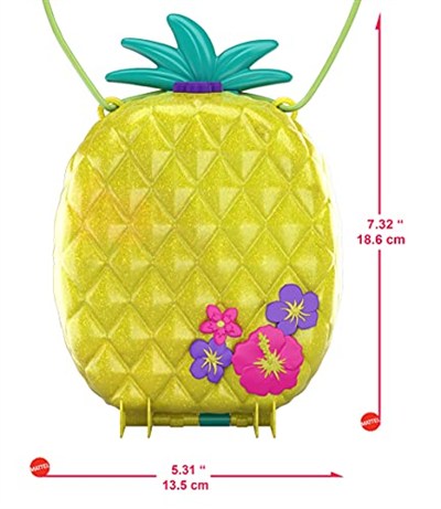 Polly Pocket Tropikal Eğlence giyilebilir kompakt ananas çanta, 8 eğlenceli özellik içeren kompakt set, minik Polly ve Lila bebekler, 2 aksesuar ve çıkartma sayfası; 4 yaş ve üzeri için, GKJ64