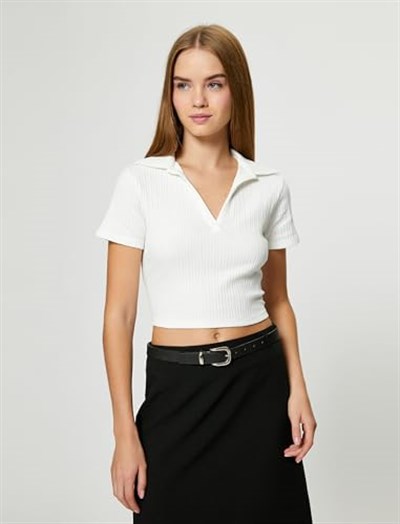 Polo Neck Crop T-Shirt Short Sleeve Ribbed Cotton