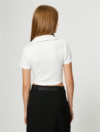 Polo Neck Crop T-Shirt Short Sleeve Ribbed Cotton