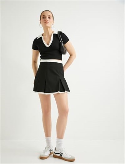 Polo Yaka Crop Tişört Renk Kontrastlı Kısa Kollu Slim Fit