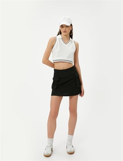 Polo Yaka Crop Üst Kolsuz Çizgili Pamuklu