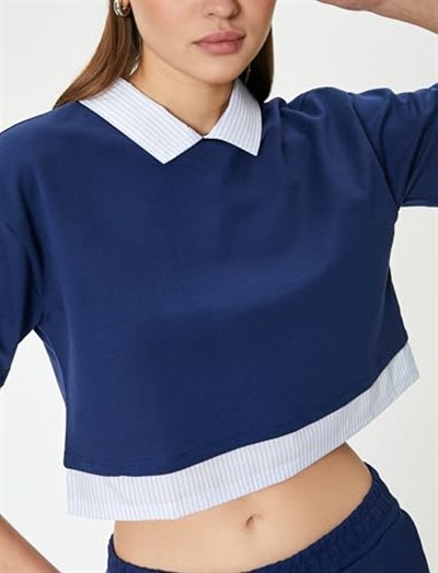 Polo Yaka Tişört Crop Kısa Kollu Çift Kumaş Kullanımlı Kısa Kollu