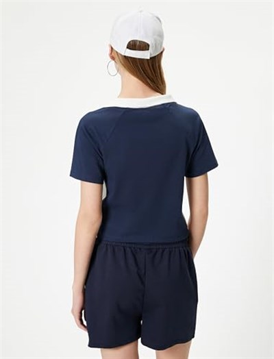Polo Yaka Tişört Crop Renk Kontrastlı Baskılı Slim Fit Pamuklu