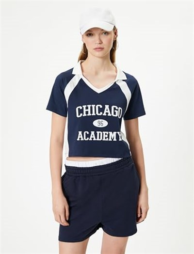 Polo Yaka Tişört Crop Renk Kontrastlı Baskılı Slim Fit Pamuklu
