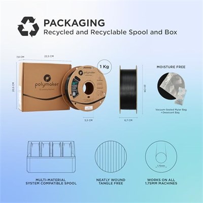 Polymaker PETG Siyah 3D Yazıcı Filament 1.75mm 1KG, Yüksek Akış ve Yüksek Mukavemet, 300mm/sye kadar Hızlı Baskı, Mükemmel Katman Yapışması, Çözgü İçermez, Prototipler ve Fonksiyonel Parçalar için