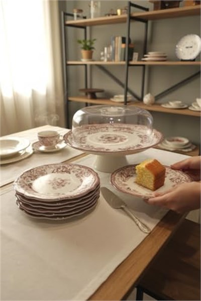 Porselen Vintage Maroon 8 Parça Pasta Seti