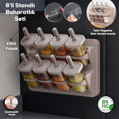 Porsima 1123 8Li Standlı Kaydırmalı Kaşıklı 360° Döner Kapaklı Etiketli Baharatlık Seti - Erzak Saklama Kabı Cappuccino