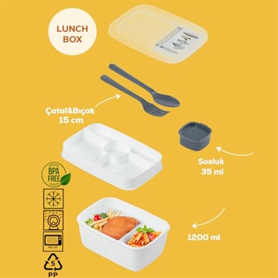 Porsima 3200 Vakumlu Kendinden Kaşık Çatallı Sosluklu Bölmeli Beslenme Çantası - Taşınabilir 2 Katlı Lunch Box - Sefer Tası 1200 Ml Beyaz