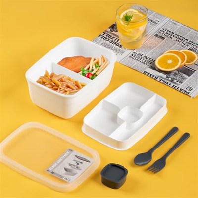 Porsima 3200 Vakumlu Kendinden Kaşık Çatallı Sosluklu Bölmeli Beslenme Çantası - Taşınabilir 2 Katlı Lunch Box - Sefer Tası 1200 Ml Beyaz