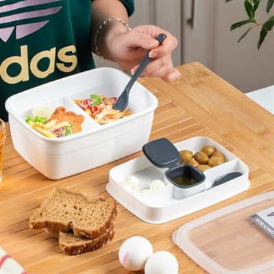 Porsima 3200 Vakumlu Kendinden Kaşık Çatallı Sosluklu Bölmeli Beslenme Çantası - Taşınabilir 2 Katlı Lunch Box - Sefer Tası 1200 Ml Beyaz