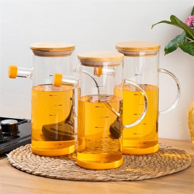 Porsima 401275 3lü Alisa Bambu Kapaklı Borosilikat Ölçekli Cam Yağlık Silikon Tabanlı Yağdanlık 800 ML